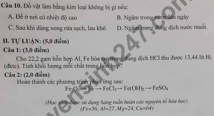 Đề thi học kì 1 năm 2020 THCS Cao Thắng môn Hóa lớp 9