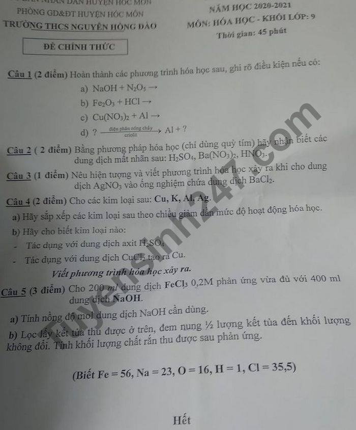 Đề thi học kì 1 môn Hóa lớp 9 năm 2020 THCS Nguyễn Hồng Đào