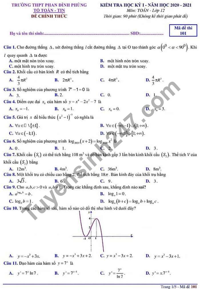 Đề thi học kì 1 môn Toán lớp 12 THPT Phan Đình Phùng 2020