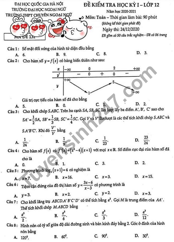 Đề thi học kì 1 lớp 12 môn Toán THPT Chuyên Ngoại ngữ 2020