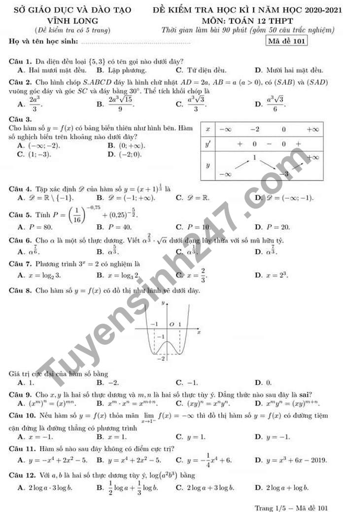 Đề thi học kì 1 năm 2020 lớp 12 môn Toán Sở GD Vĩnh Long