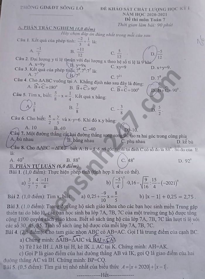 Đề thi học kì 1 môn Toán lớp 7 năm 2020 phòng GD Sông Lô 