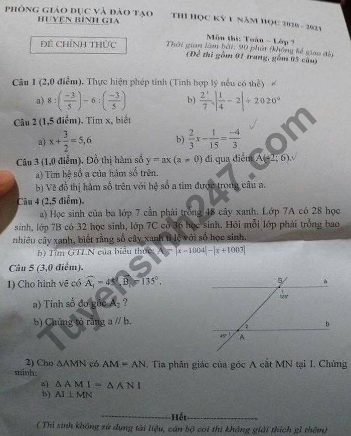 Đề thi học kì 1 năm 2020 huyện Bình Gia môn Toán lớp 7