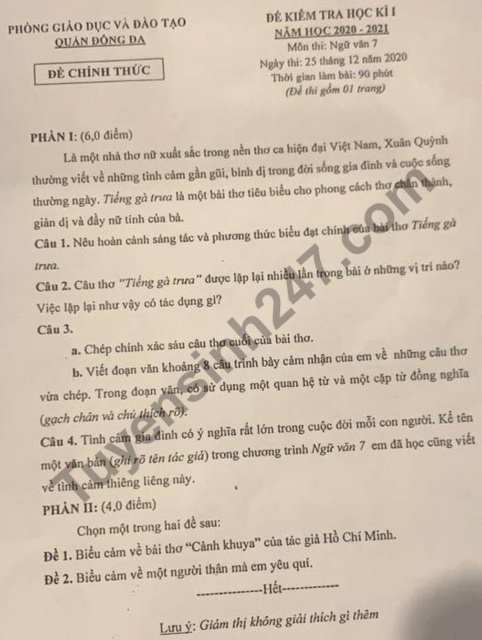 Đề thi học kì 1 môn Văn lớp 7 Quận Đống Đa năm 2020