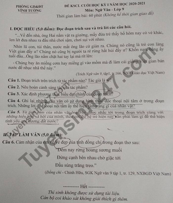 Đề thi học kì 1 Phòng GD Vĩnh Tường môn Văn lớp 9 năm 2020