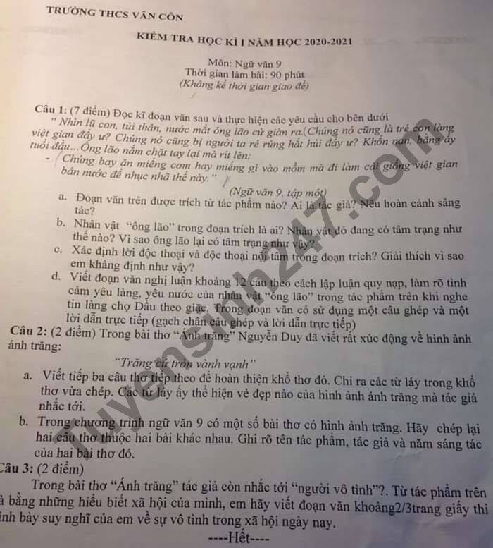 Đề thi học kì 1 năm 2020 môn Văn lớp 9 THCS Vân Côn 