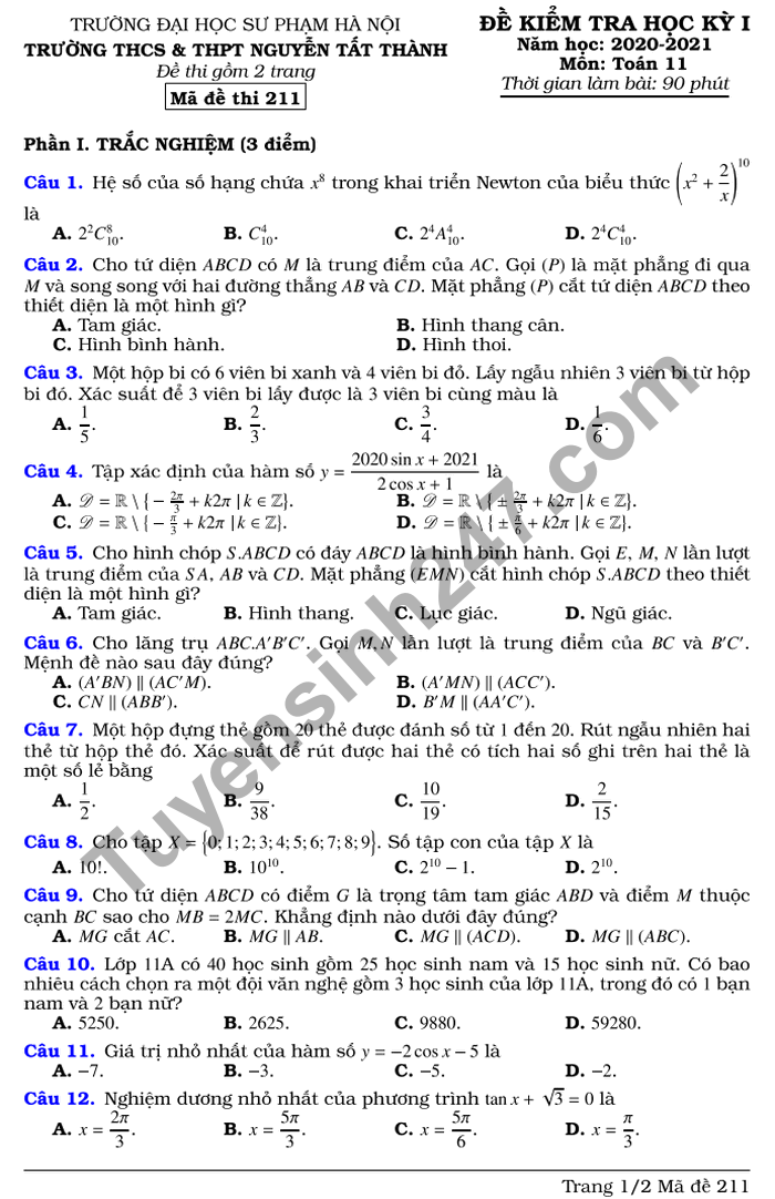 Đề thi học kì 1 môn Toán lớp 11 năm 2020 THCS&THPT Nguyễn Tất Thành