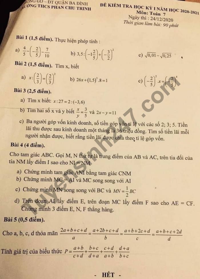 Đề thi học kì 1 năm 2020 lớp 7 môn Toán THCS Phan Chu Trinh