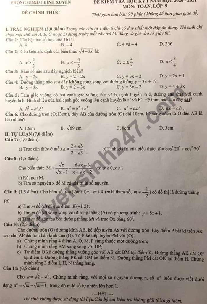 Đề thi học kì 1 lớp 9 môn Toán Phòng GD Bình Xuyên năm 2020