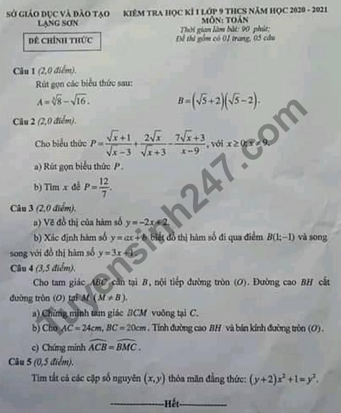 Đề thi học kì 1 lớp 9 Sở GD Lạng Sơn năm 2020 môn Toán