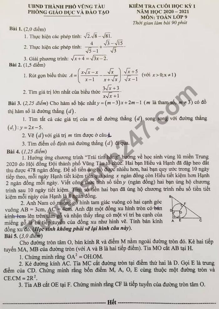 Đề thi học kì 1 lớp 9 môn Toán năm 2020 Phòng GD TP Vũng Tàu