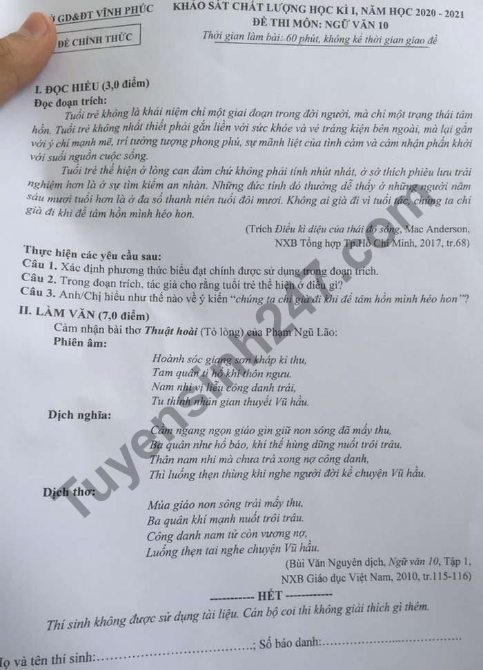 Đề thi học kì 1 năm 2020 môn Văn lớp 10 Sở GD Vĩnh Phúc