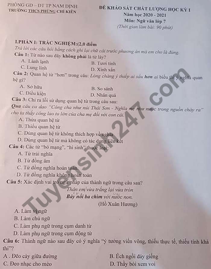 Đề thi học kì 1 THCS Phùng Chí Kiên năm 2020 lớp 7 môn Văn