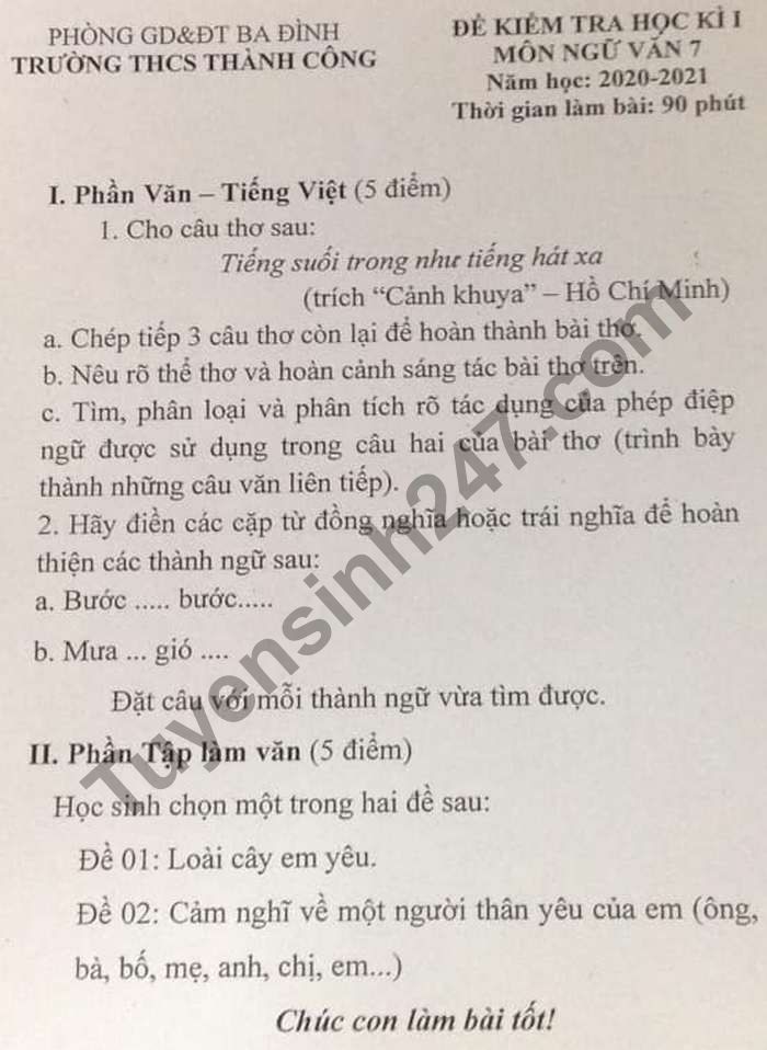 Đề thi học kì 1 THCS Thành Công môn Văn lớp 7 năm 2020