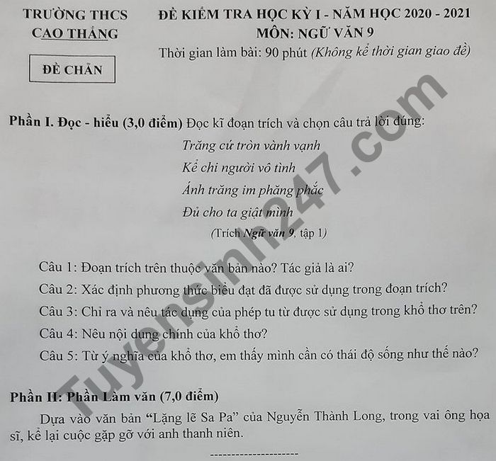 Đề thi học kì 1 môn Văn lớp 9 THCS Cao Thắng năm 2020