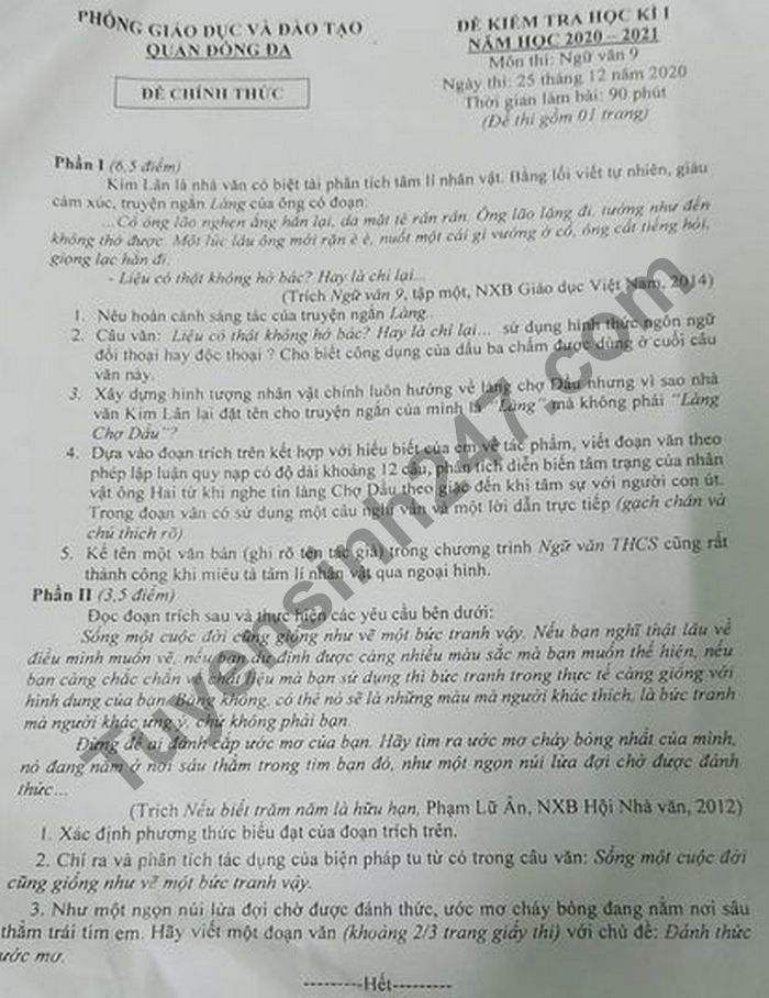 Đề thi học kì 1 lớp 9 môn Văn 2020 Phòng GD Quận Đống Đa