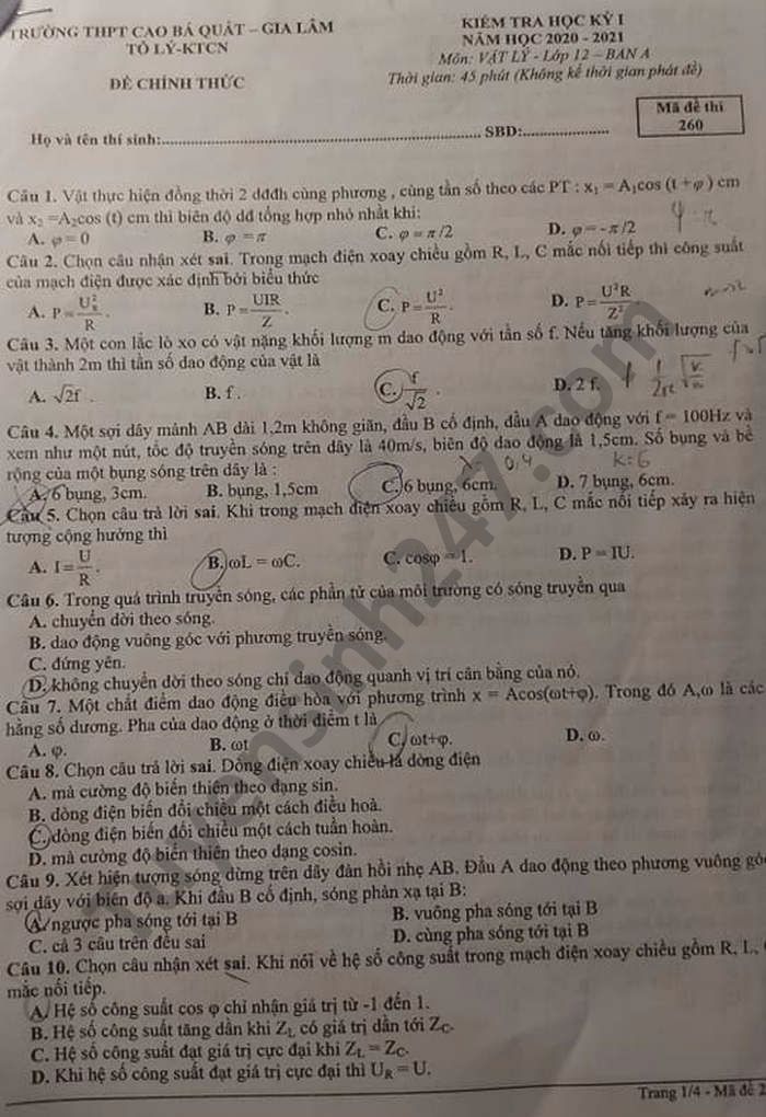 Đề thi học kì 1 lớp 12 môn Lý năm 2020 THPT Cao Bá Quát 