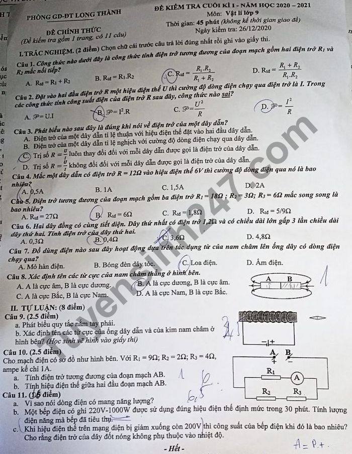 Đề thi học kì 1 môn Lý lớp 9 năm 2020 Phòng GD Long Thành 