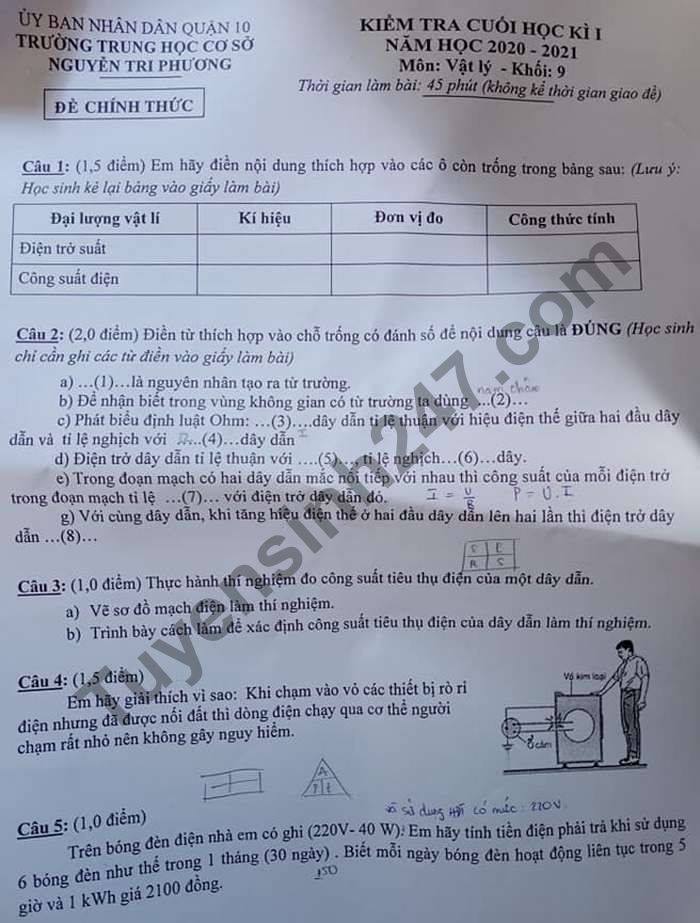 Đề thi học kì 1 Lý lớp 9 năm 2020  THCS Nguyễn Tri Phương