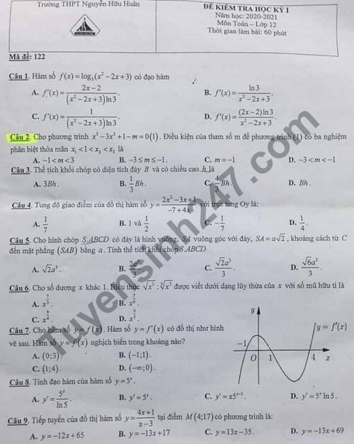 Đề thi học kì 1 năm 2020 Toán lớp 12 THPT Nguyễn Hữu Huân