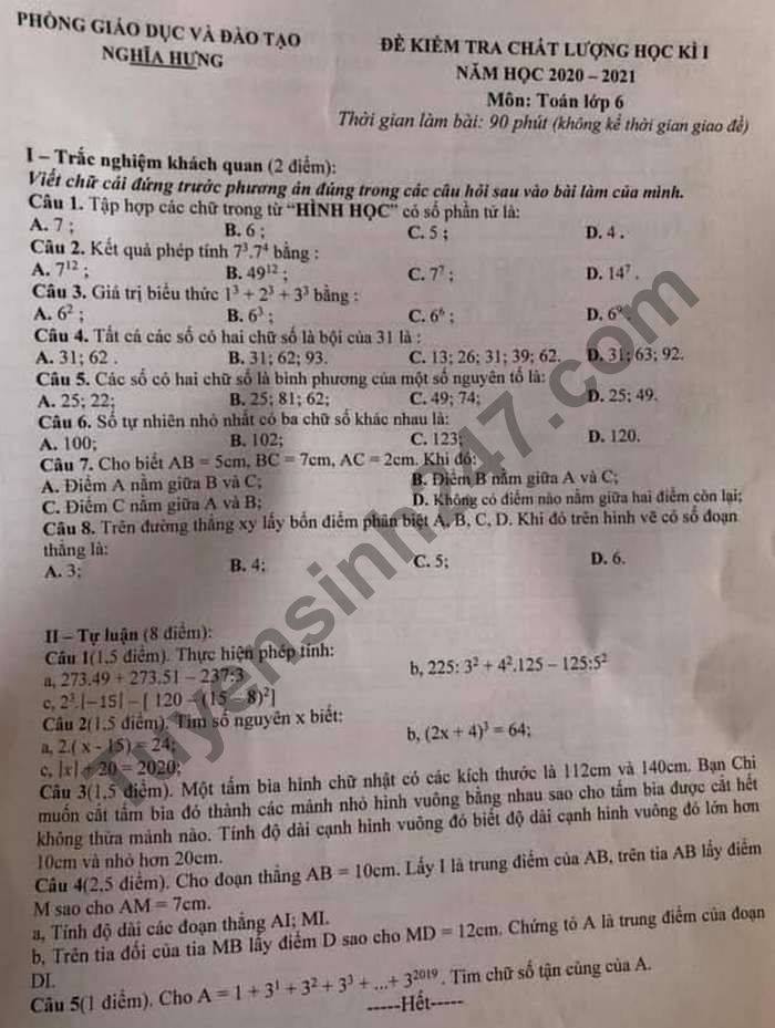 Đề thi học kì 1  môn Toán lớp 6 năm 2020 Phòng GD Nghĩa Hưng