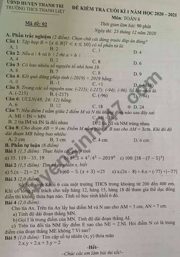 Đề thi học kì 1 lớp 6 môn Toán năm 2020 THCS Thanh Liệt