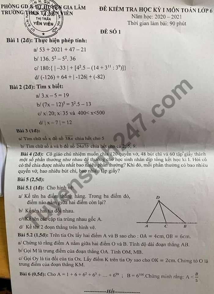 Đề thi học kì 1 môn Toán lớp 6 năm 2020 THCS TT Yên Viên