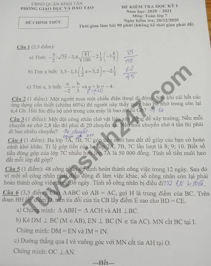 Đề thi học kì 1 năm 2020 Toán lớp 7 Quận Bình Tân