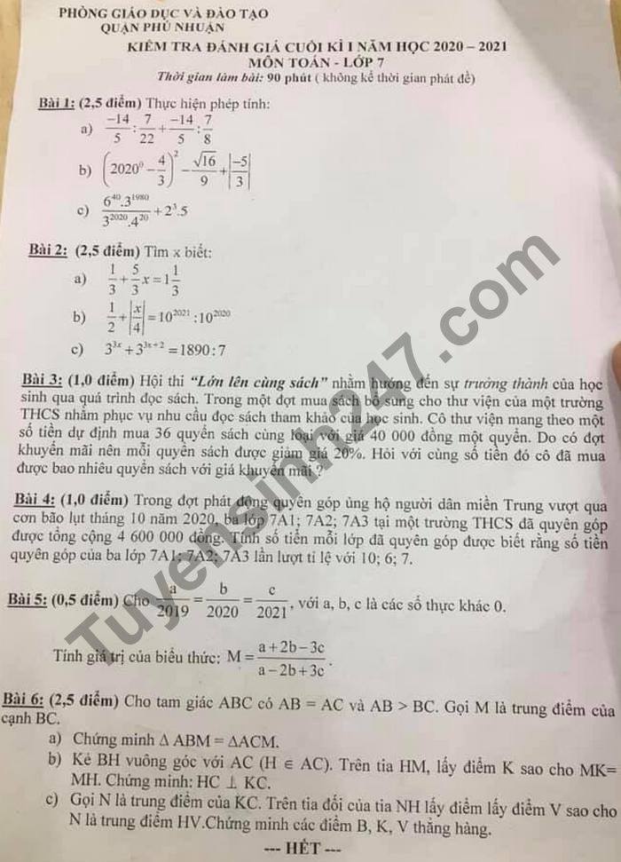 Đề thi học kì 1 năm 2020 Quận Phú Nhuận môn Toán lớp 7