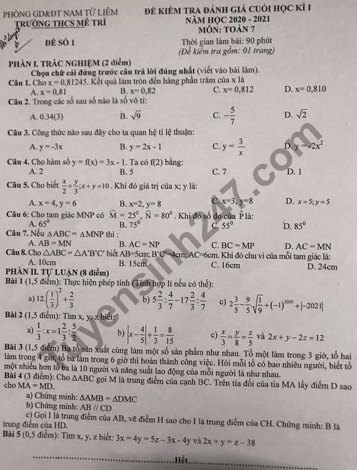 Đề thi học kì 1 môn Toán lớp 7 THCS Mễ Trì năm 2020