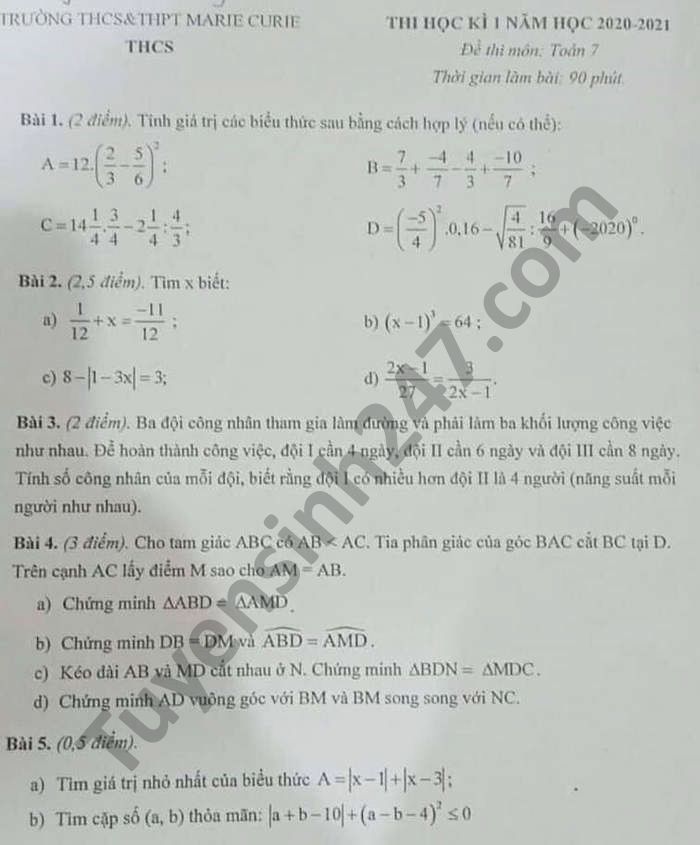 Đề thi học kì 1 năm 2020 Toán lớp 7 THCS-THPT Marie Curie