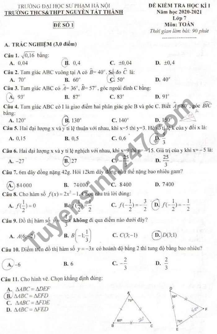 Đề thi học kì 1 năm 2020 THCS-THPT Nguyễn Tất Thành môn Toán lớp 7