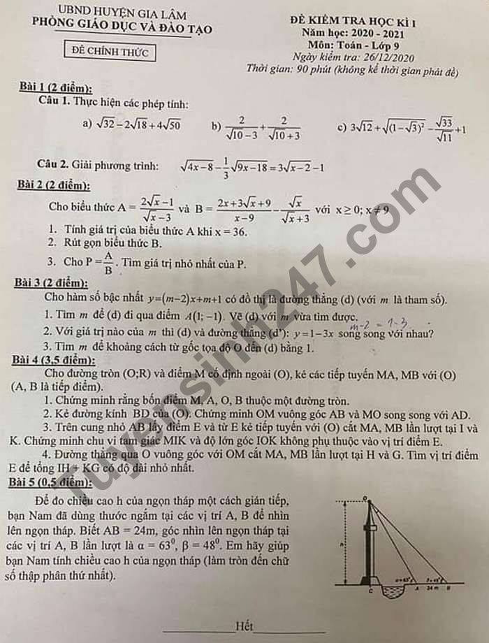 Đề thi học kì 1 môn Toán lớp 9 huyện Gia Lâm năm 2020