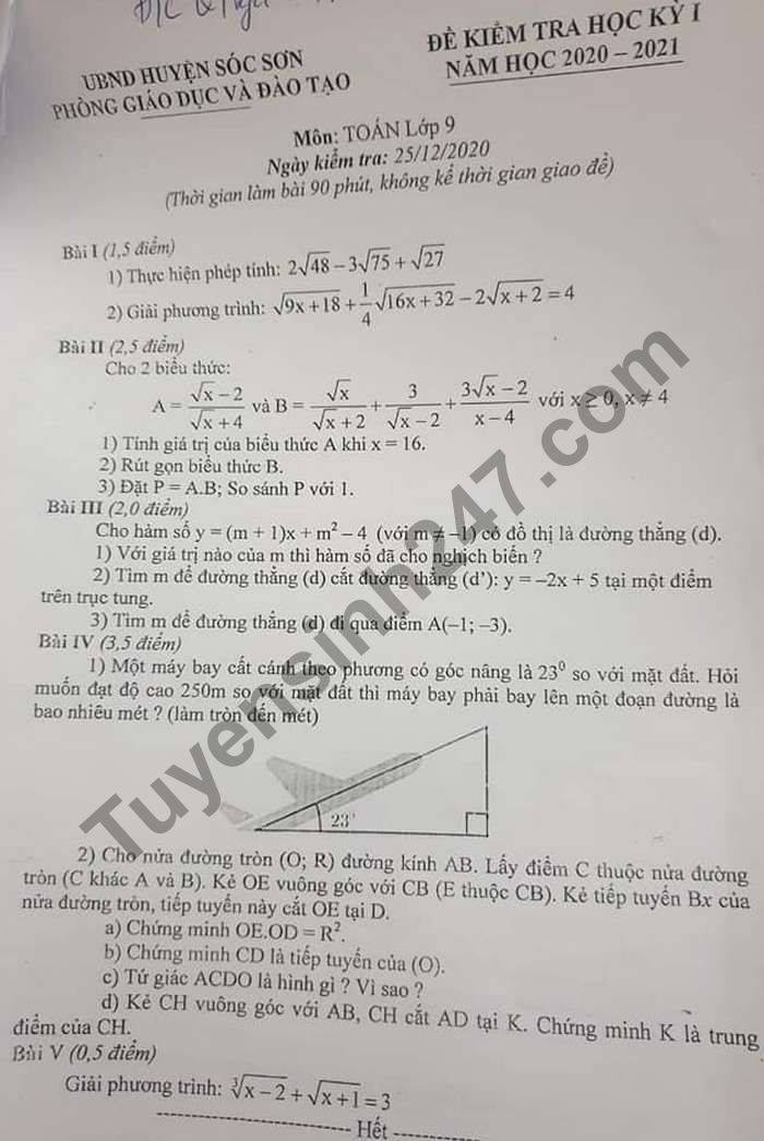 Đề thi học kì 1 năm 2020 môn Toán lớp 9 huyện Sóc Sơn 