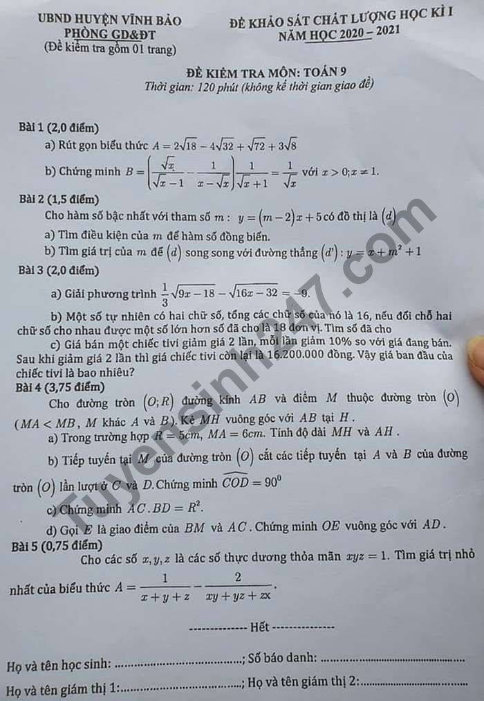 Đề thi học kì 1 huyện Vĩnh Bảo môn Toán lớp 9 năm 2020