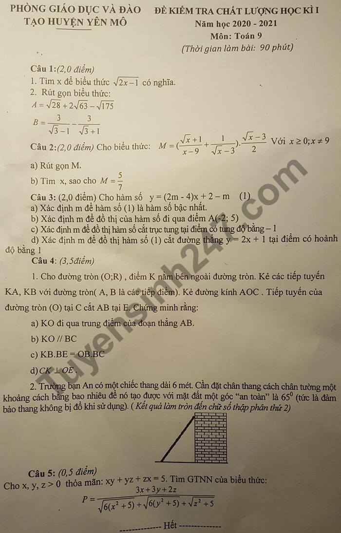Đề thi học kì 1 năm 2020 huyện Yên Mô môn Toán lớp 9