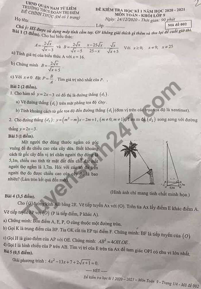Đề thi học kì 1 năm 2020 lớp 9 môn Toán THCS Đoàn Thị Điểm 