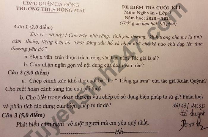 Đề thi học kì 1 môn Văn lớp 7 THCS Đồng Mai năm 2020 