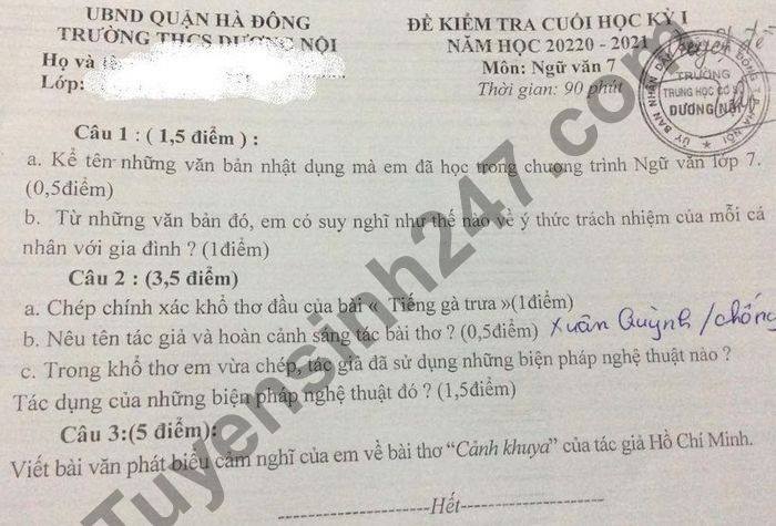 Đề thi học kì 1 THCS Dương Nội môn Văn lớp 7 năm 2020