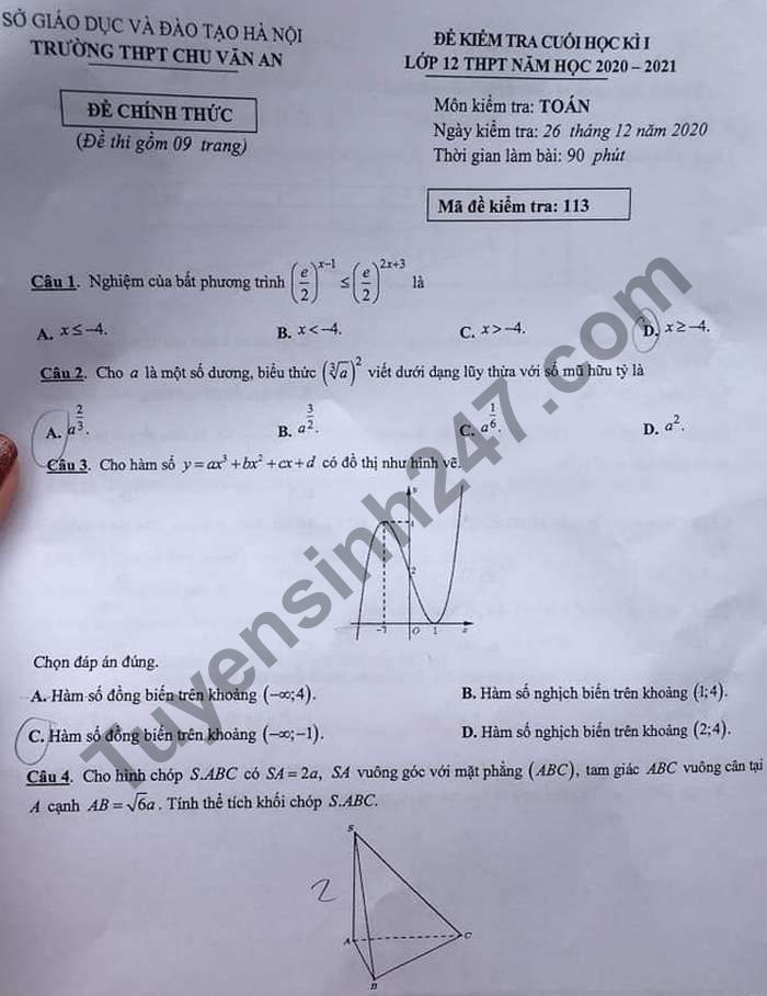 Đề thi học kì 1 năm 2020 lớp 12 môn Toán THPT Chu Văn An