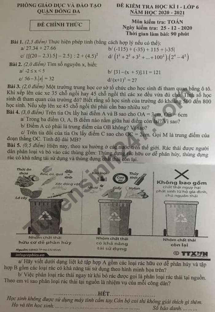 Đề thi học kì 1 lớp 6 môn Toán Phòng GD Quận Đống Đa năm 2020