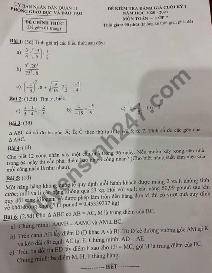 Đề thi học kì 1 Phòng GD Quận 11 môn Toán lớp 7 năm 2020
