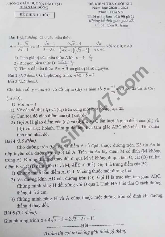 Đề thi học kì 1 lớp 9 môn Toán Phòng GD Quận Hà Đông 2020