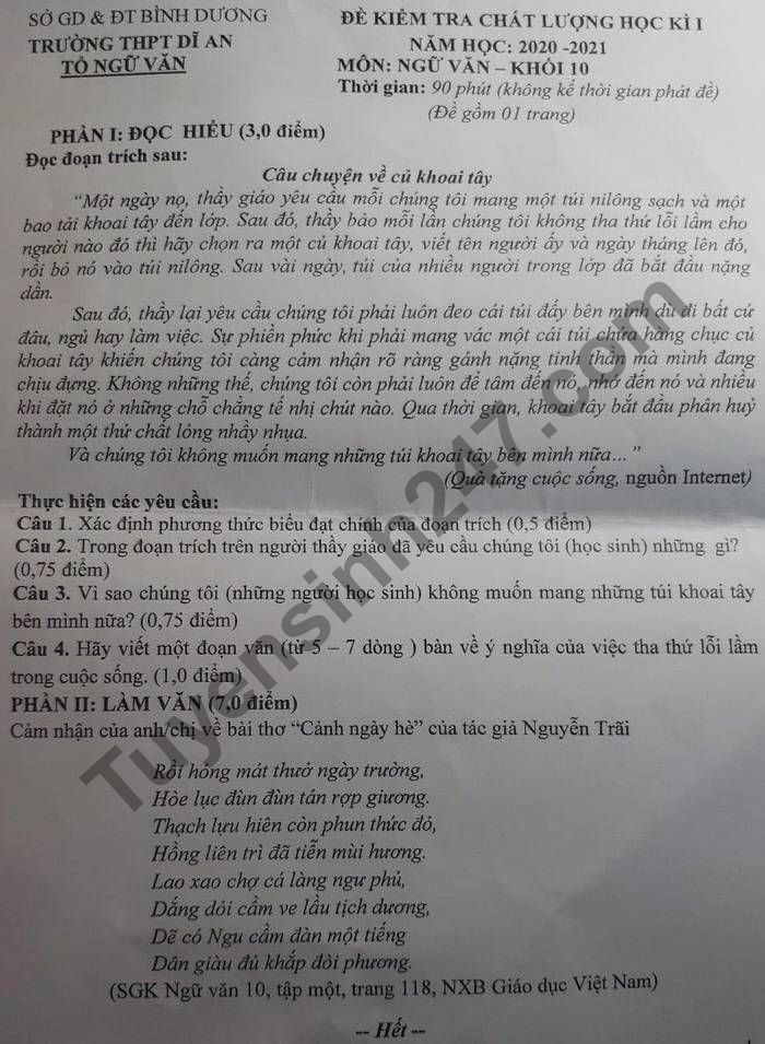 Đề thi học kì 1 lớp 10 môn Văn THPT Dĩ An năm 2020