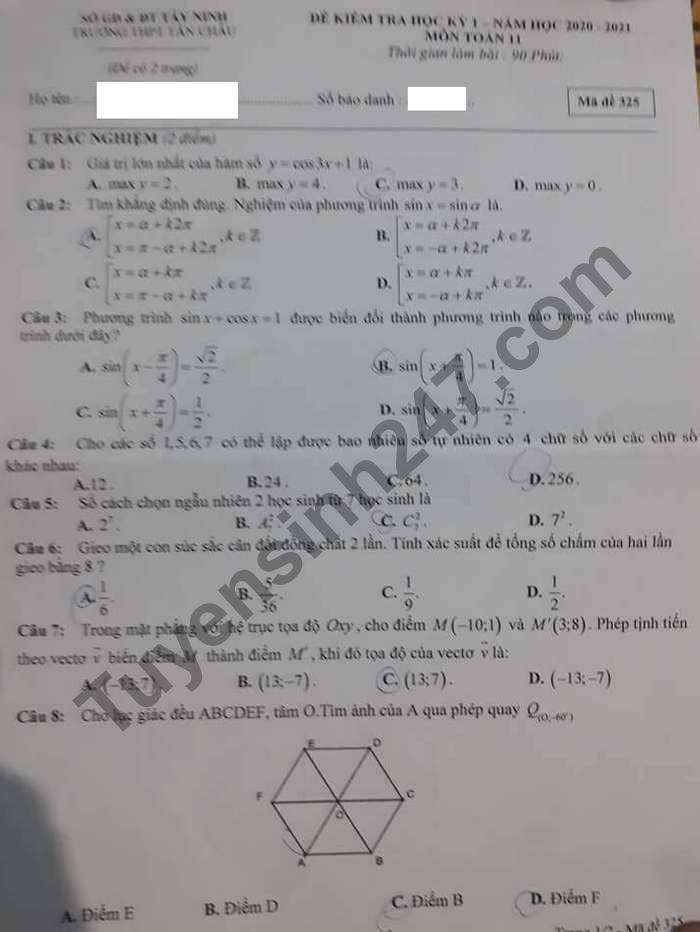 Đề thi học kì 1 lớp 11 môn Toán năm 2020 THPT Tân Châu 