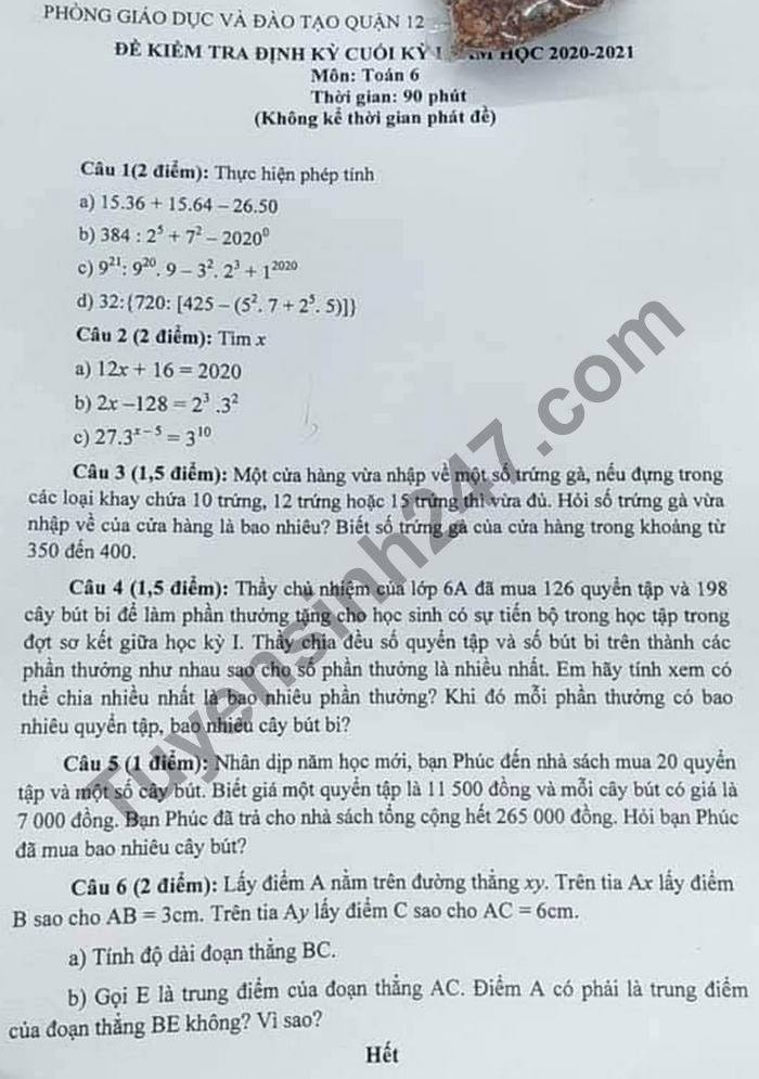 Đề thi học kì 1 Phòng GD Quận 12 môn Toán lớp 6 năm 2020