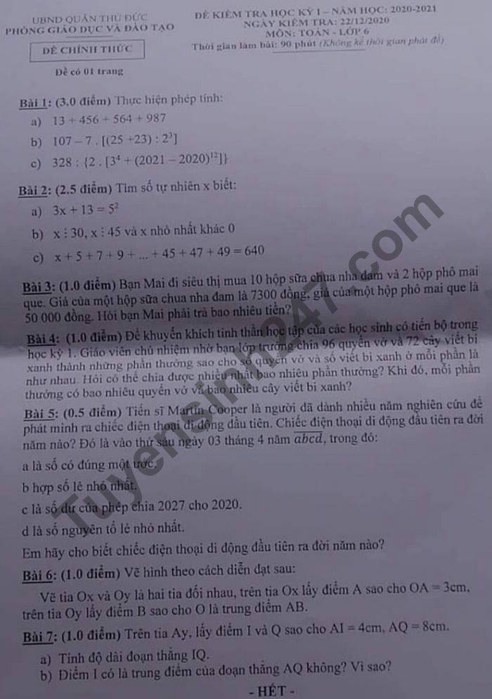 Đề thi học kì 1 môn Toán lớp 6 năm 2020 Quận Thủ Đức