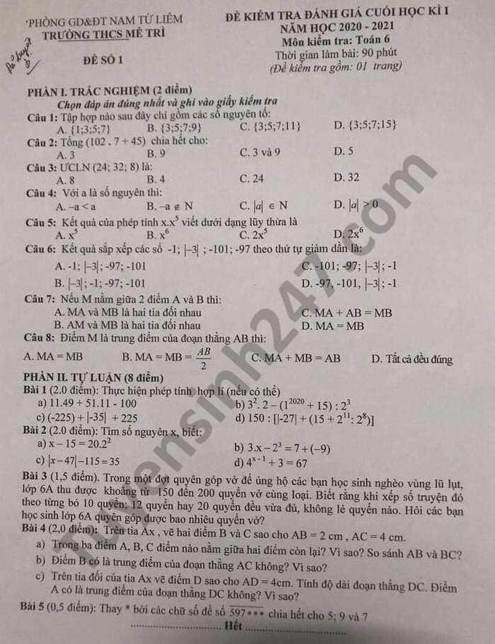 Đề thi học kì 1 Toán lớp 6 năm 2020 THCS Mễ Trì