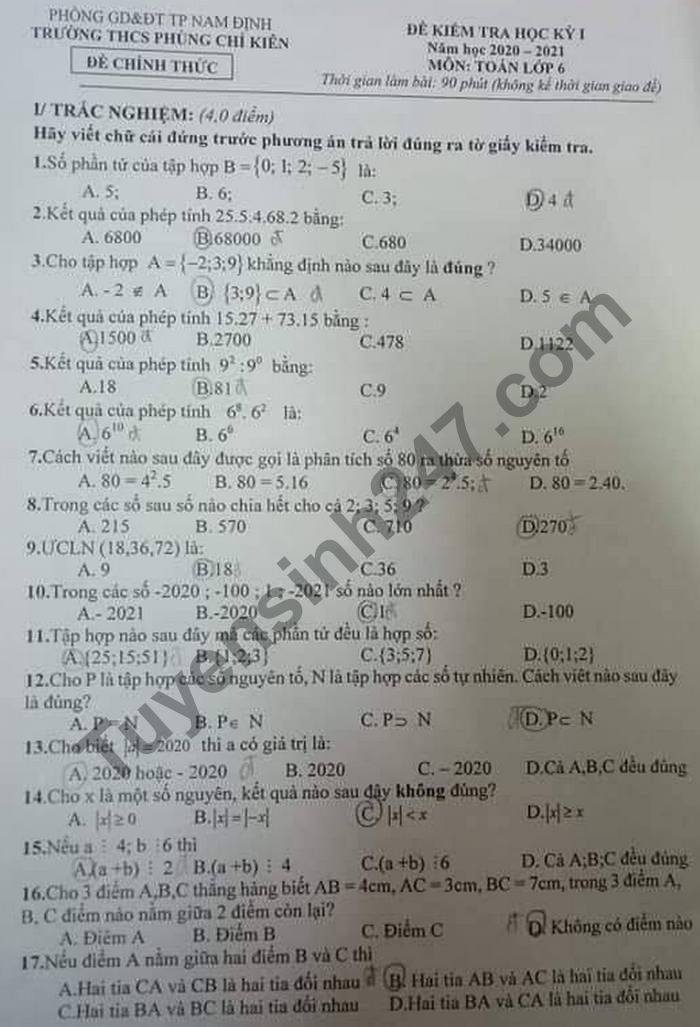 Đề thi học kì 1 năm 2020 môn Toán lớp 6 THCS Phùng Chí Kiên