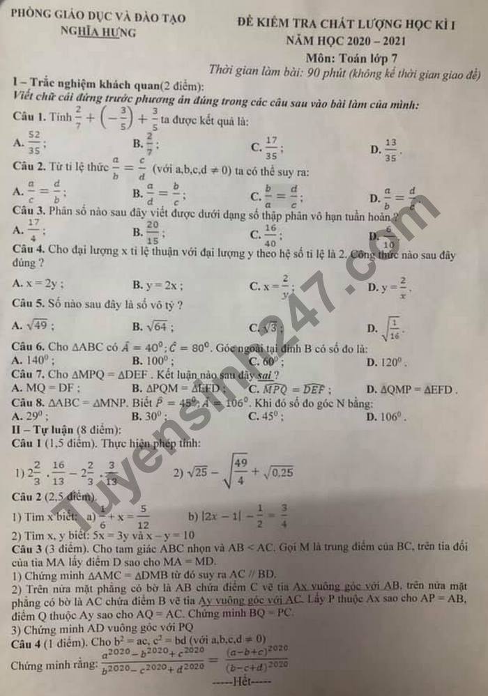 Đề thi học kì 1 môn Toán lớp 7 huyện Nghĩa Hưng năm 2020